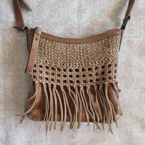 Frye Melissa Woven Swing Pack Leather Fringe Crossbody Bag Tan Western Boho